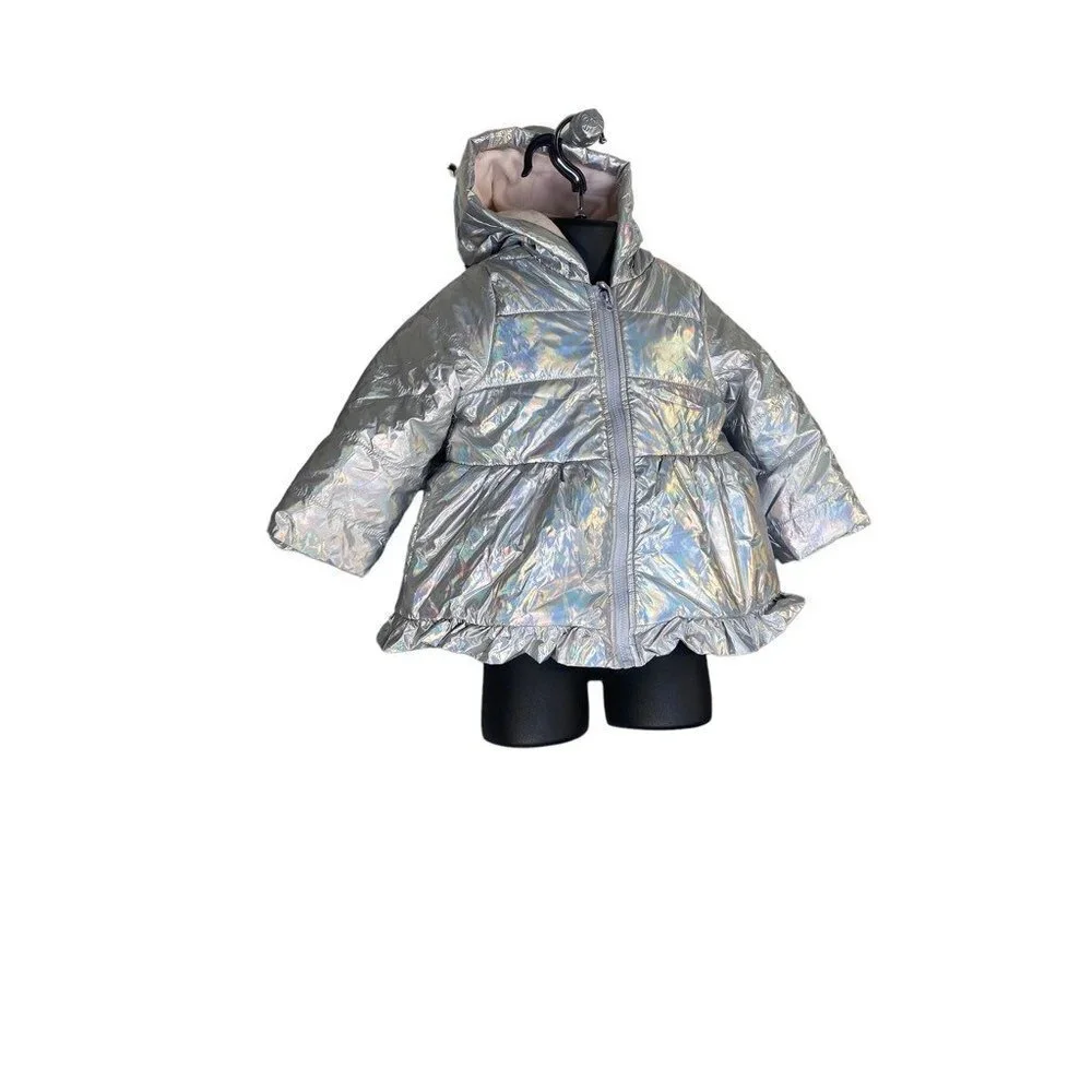 First Impressions Girls Puffer Jacket Silver Hooded Long Sleeve Zipper 24M‎ New